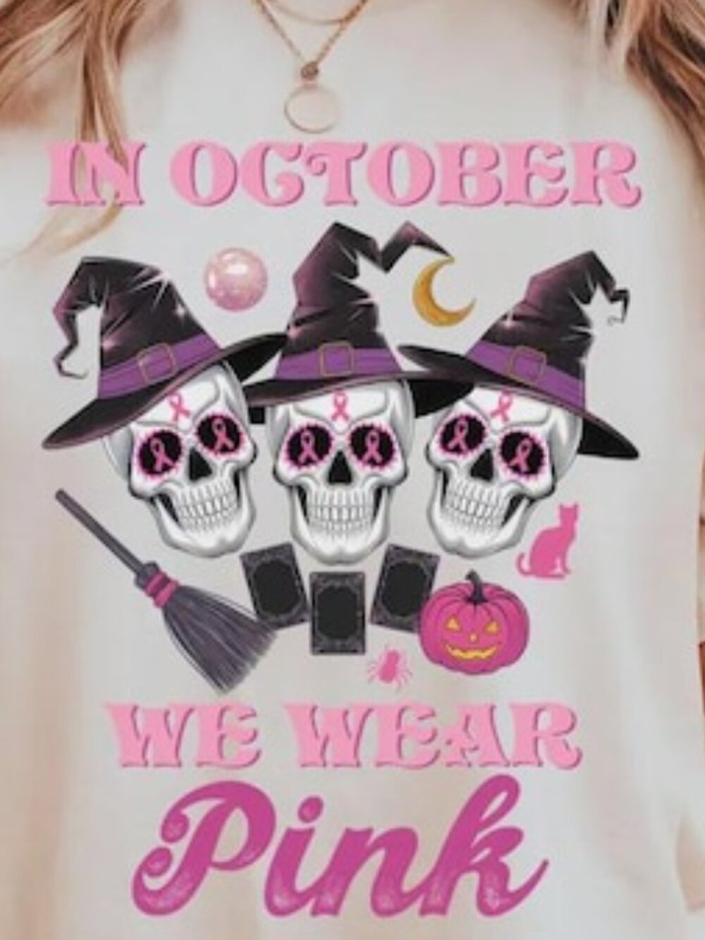 In October We Wear Pink Shirt, Breast Cancer Awareness Halloween Tee - Picture 2 of 4